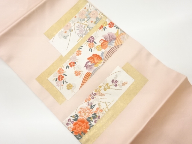 リサイクル　変わり横段に鴛鴦・草花模様織出し名古屋帯